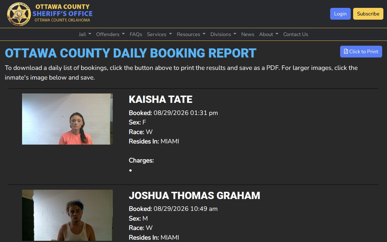 Ottawa County daily booking-record report for recent county jail bookings