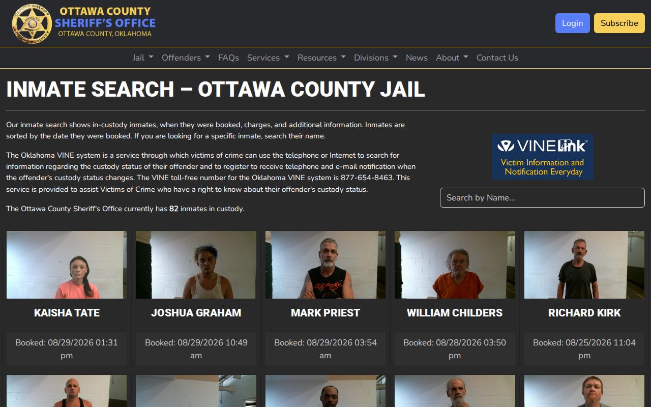 Ottawa County current-custody roster search interface for booking records