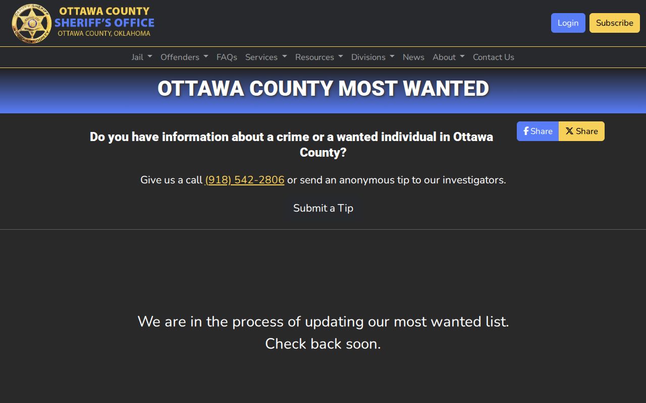 Ottawa County Sheriff official most wanted warrant information page